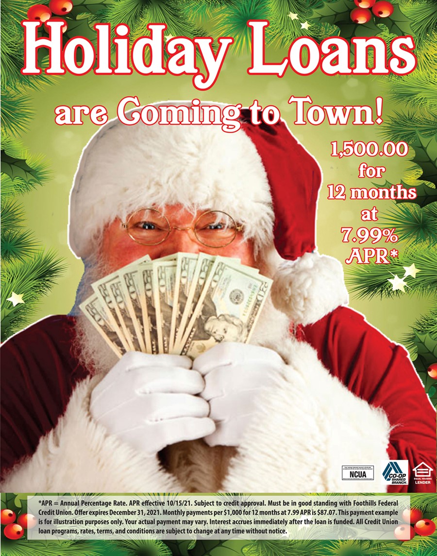 Holiday Loans Banner Heading says Holiday Loans are Coming to Town! $1,500 for 12 months at 7.99% APR*. Image of Santa Claus holding nine $20 bills in front of his face.