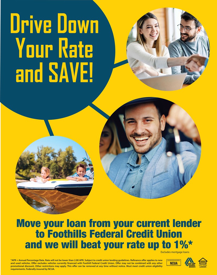 Images of couple smiling, a guy holding car keys and smiling, and a girl and boy sitting in a boat smiling.   Wording says Drive Down Your Rate and SAVE! Move your loans from your current lender to Foothills Federal Credit Union and we will beat your rate up to 1%.* 