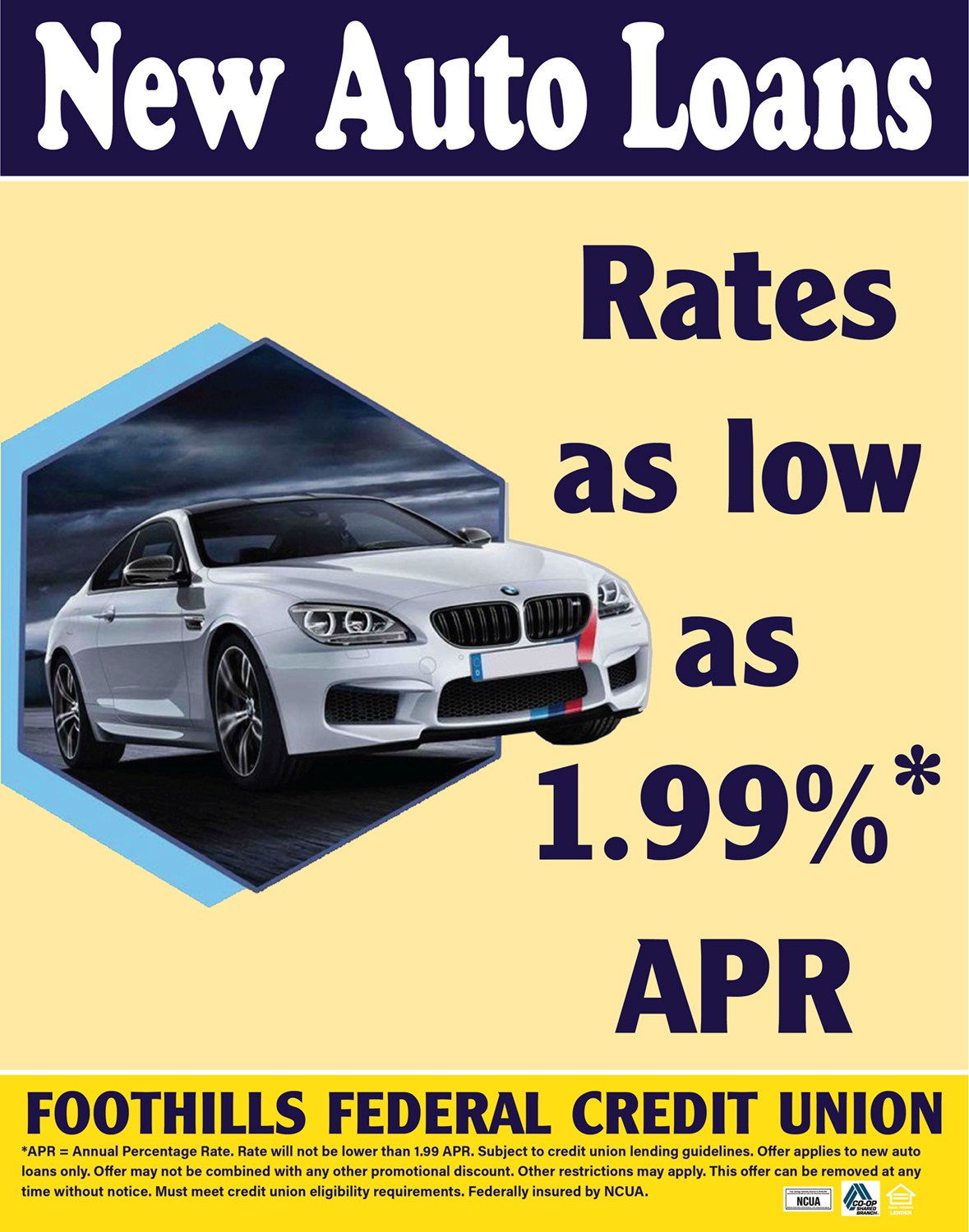 Image of a white car with the wording New Auto Loans Rates as low as 1.99%.